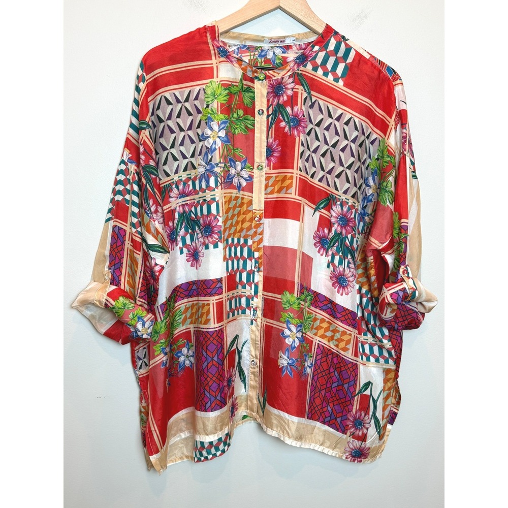 Johnny Was Ridge Lennox Top 100% Silk Roll Tab Long Sleeve Button Red Print L